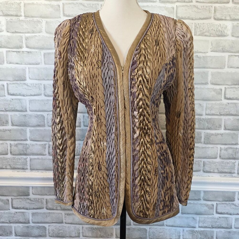 Vintage 80s Jeanne Marc Ruched Quilted Jacket Art to Wear Metallic Bronze M USA